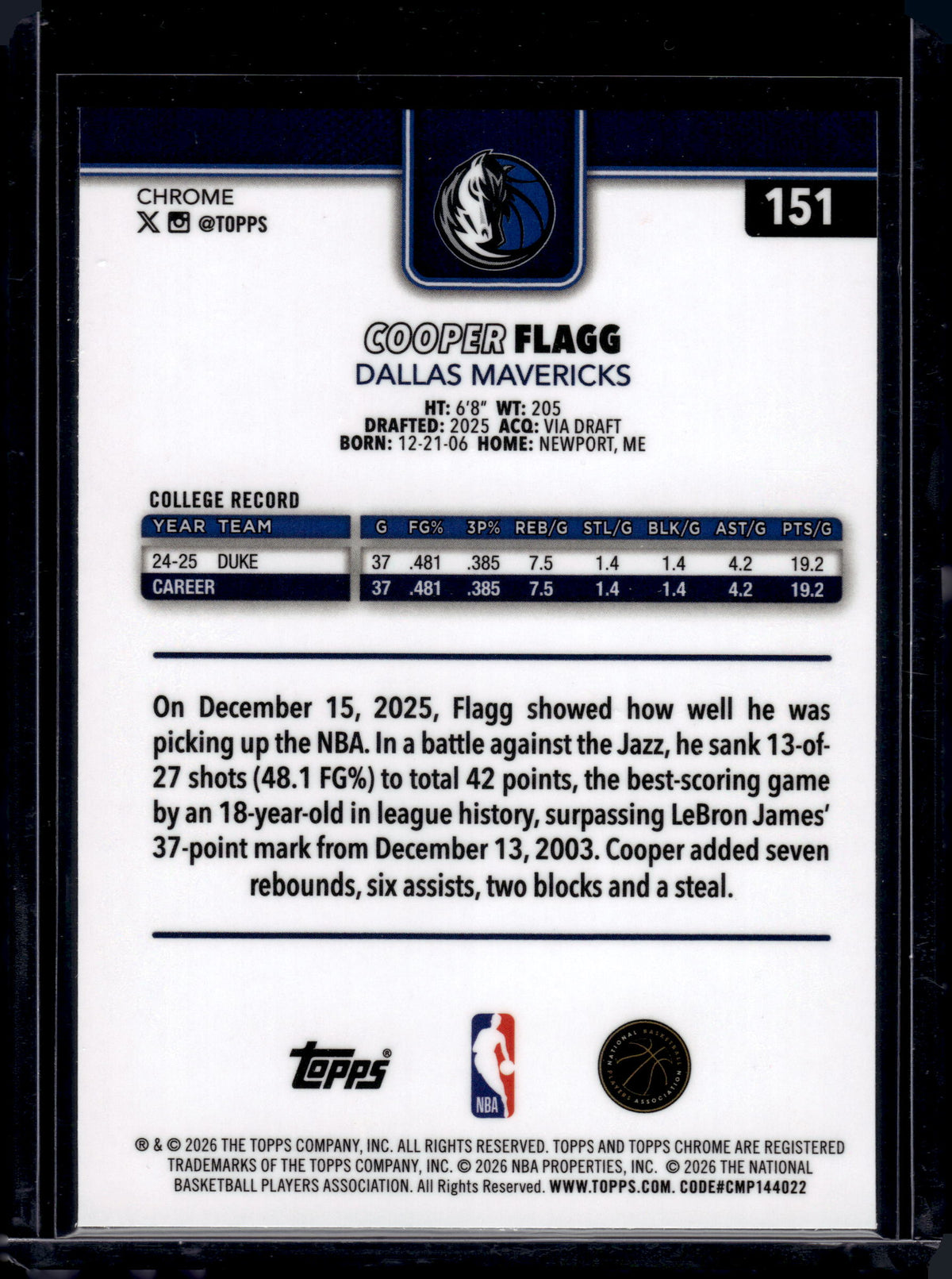 HL-INV 2026 Topps Chrome Cooper Flagg #151 RC