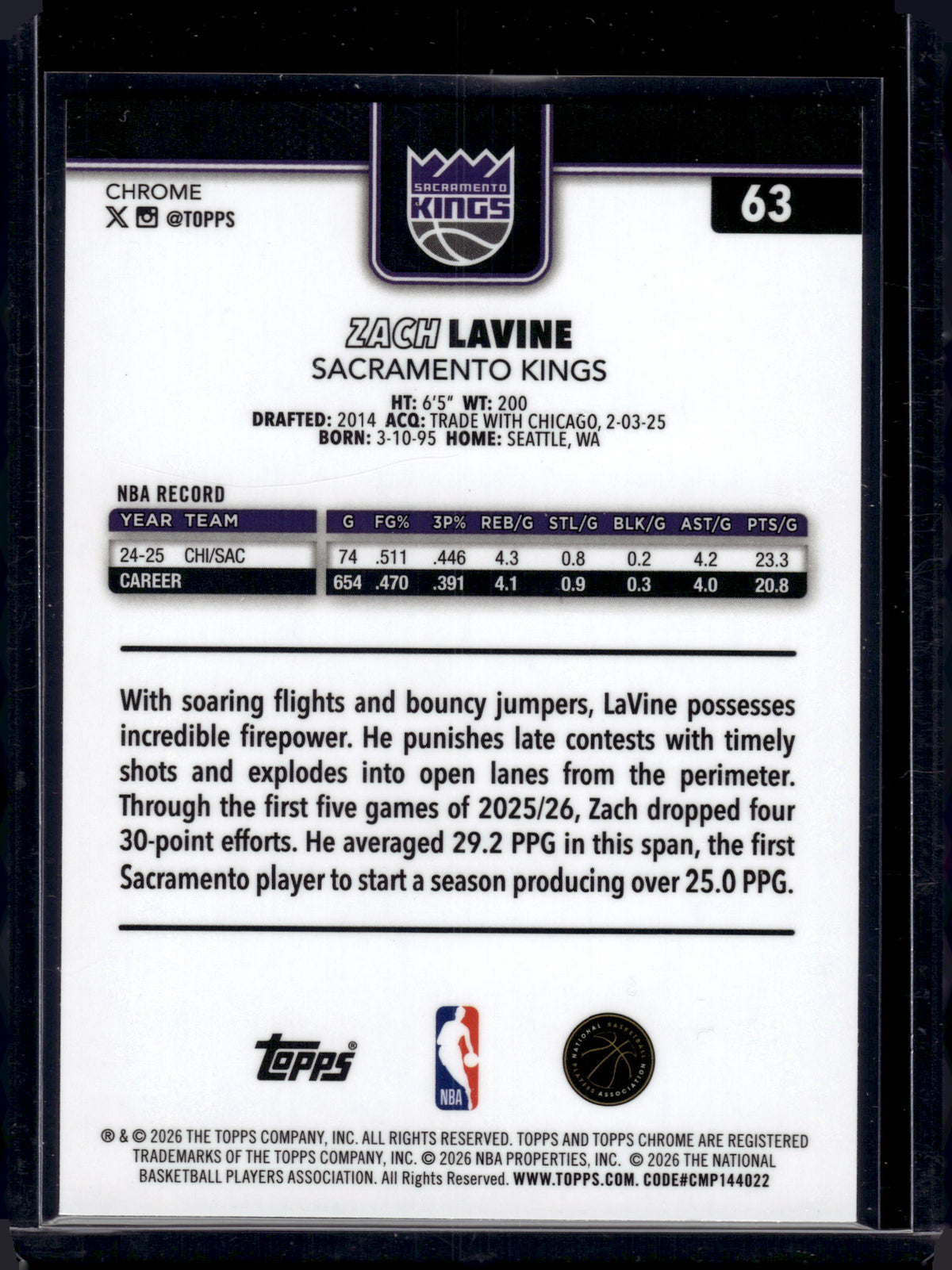 2026 Topps Chrome Zach LaVine #63 Magenta /399