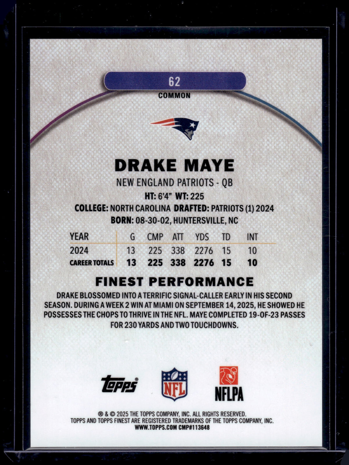 2025 Topps Finest Drake Maye #62 Purple Refractor /250