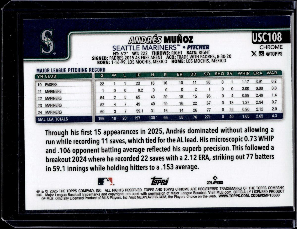 2025 Topps Chrome Update Andres Munoz #USC108 Aqua Wave /199