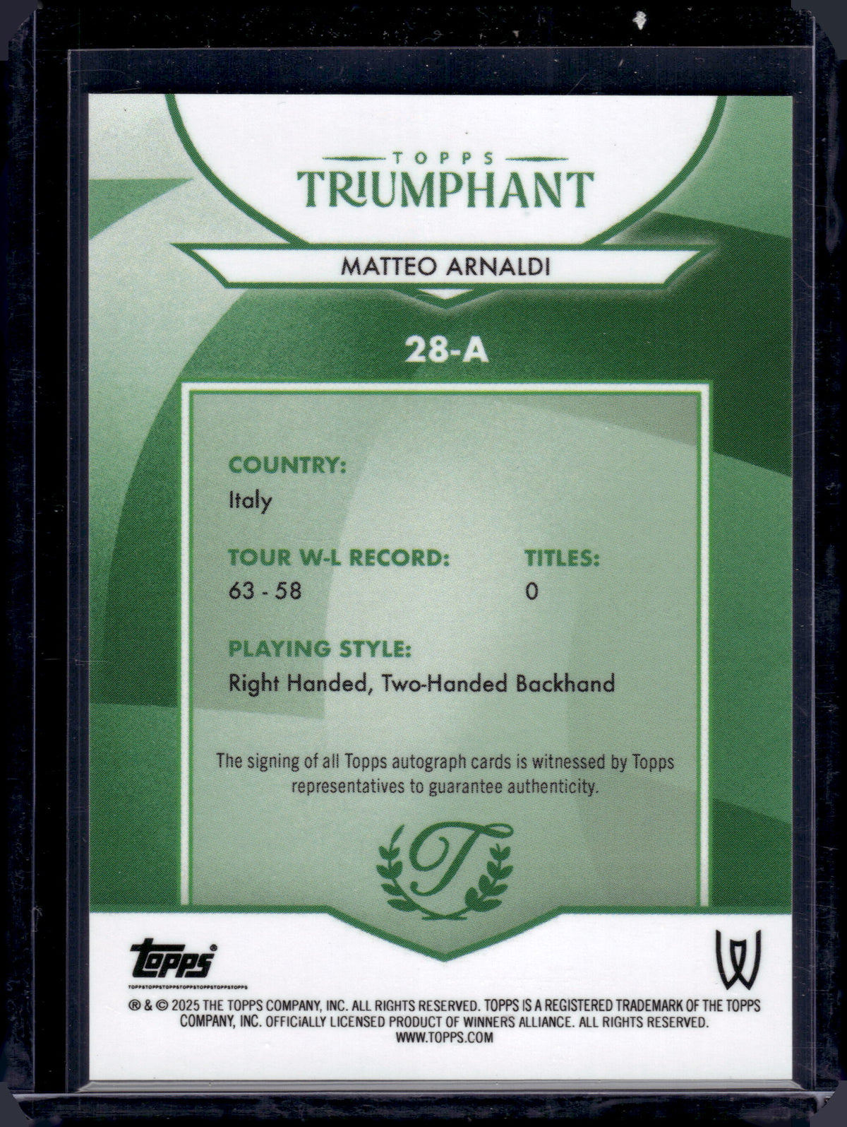 HL-P06 2025 Topps Triumphant Matteo Arnaldi #28-A /75 RC