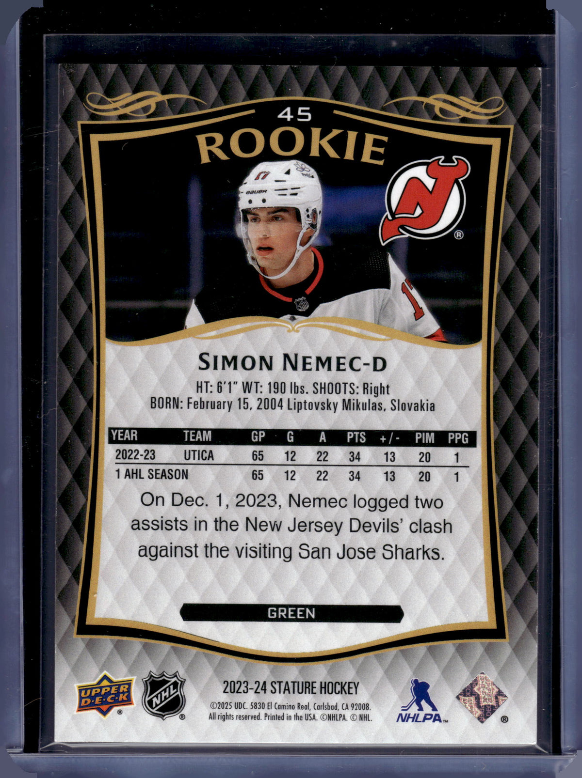 HL-P06 2025 Upper Deck Stature Simon Nemec #45 Green /375