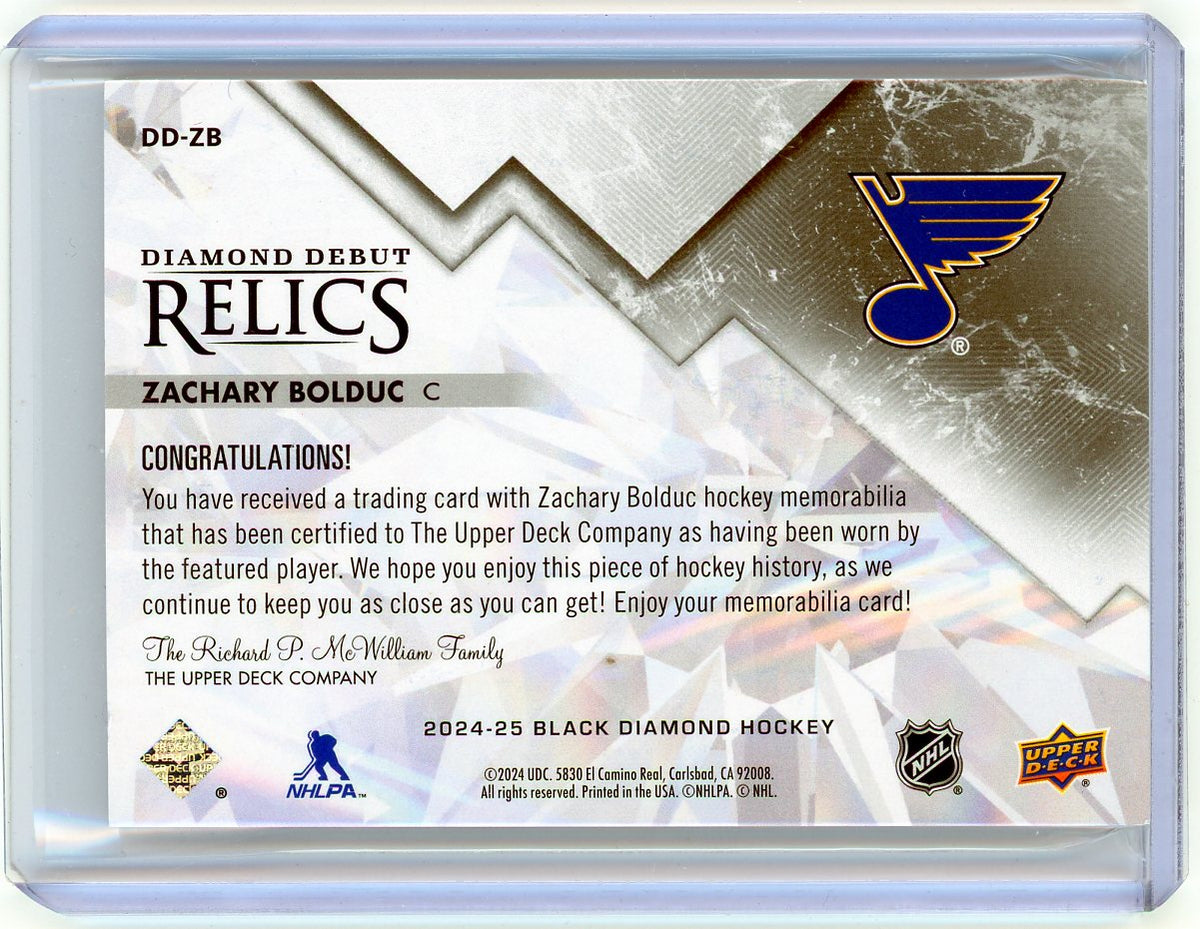 2024 Upper Deck Black Diamond Zachary Bolduc #DD-ZB Relic Memorabilia