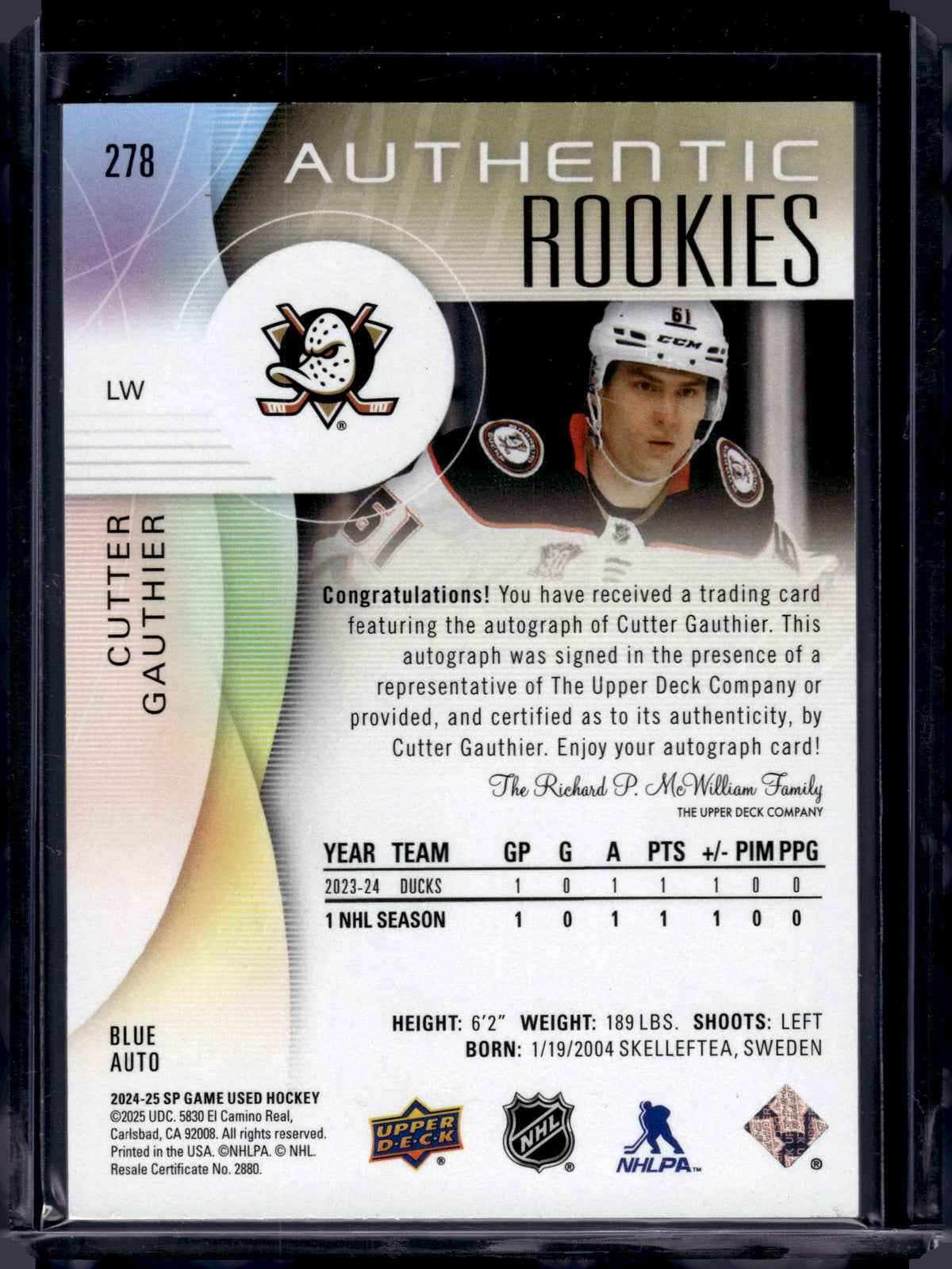 2025 Upper Deck SP Game Used Cutter Gauthier #278 Blue Auto