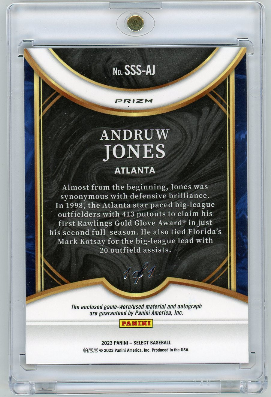 HL-P02 2023 Panini Select Swatches Signatures Prizm Andruw Jones #SSS-AJ Gold