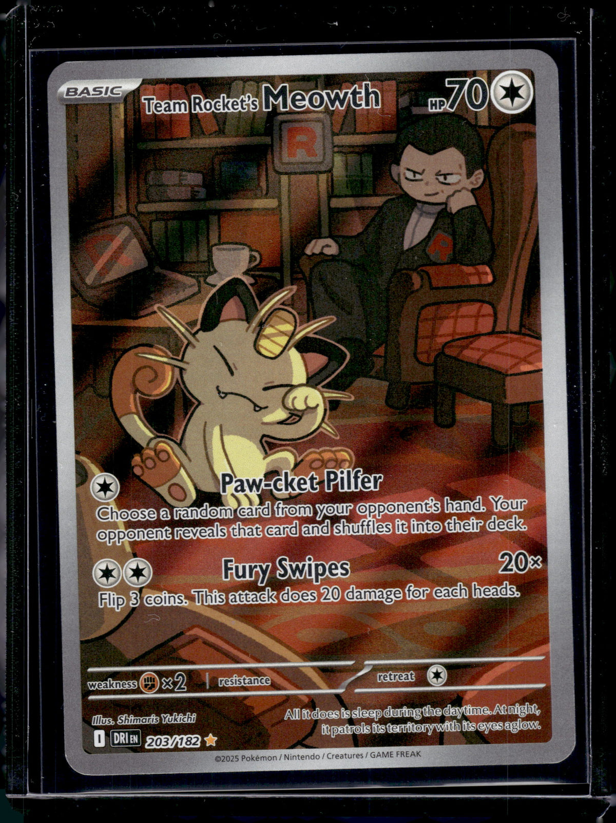 2025 Destined Rivals Team Rocket's Meowth Holo Secret Rare #203/182