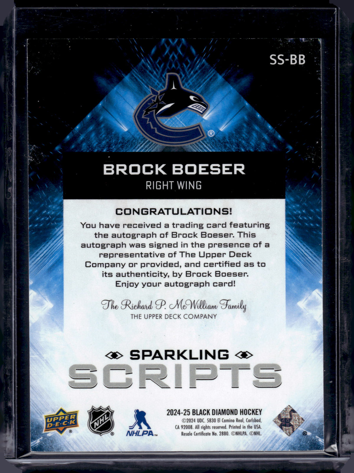 2024 Upper Deck Black Diamond Sparkling Scripts Brock Boeser #SS-BB Auto
