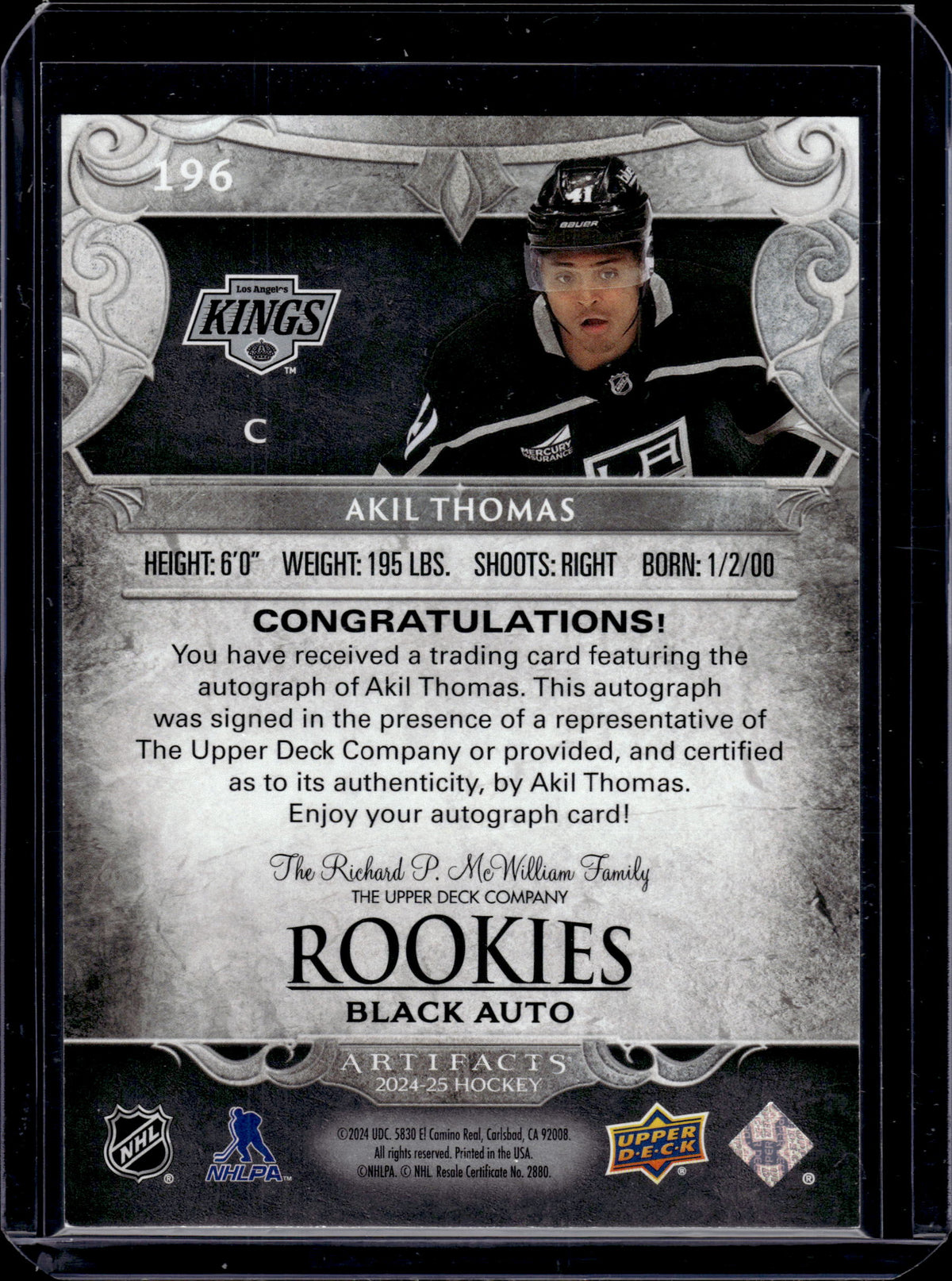 2024 Upper Deck Artifacts Rookies Akil Thomas #196 Black Auto /5