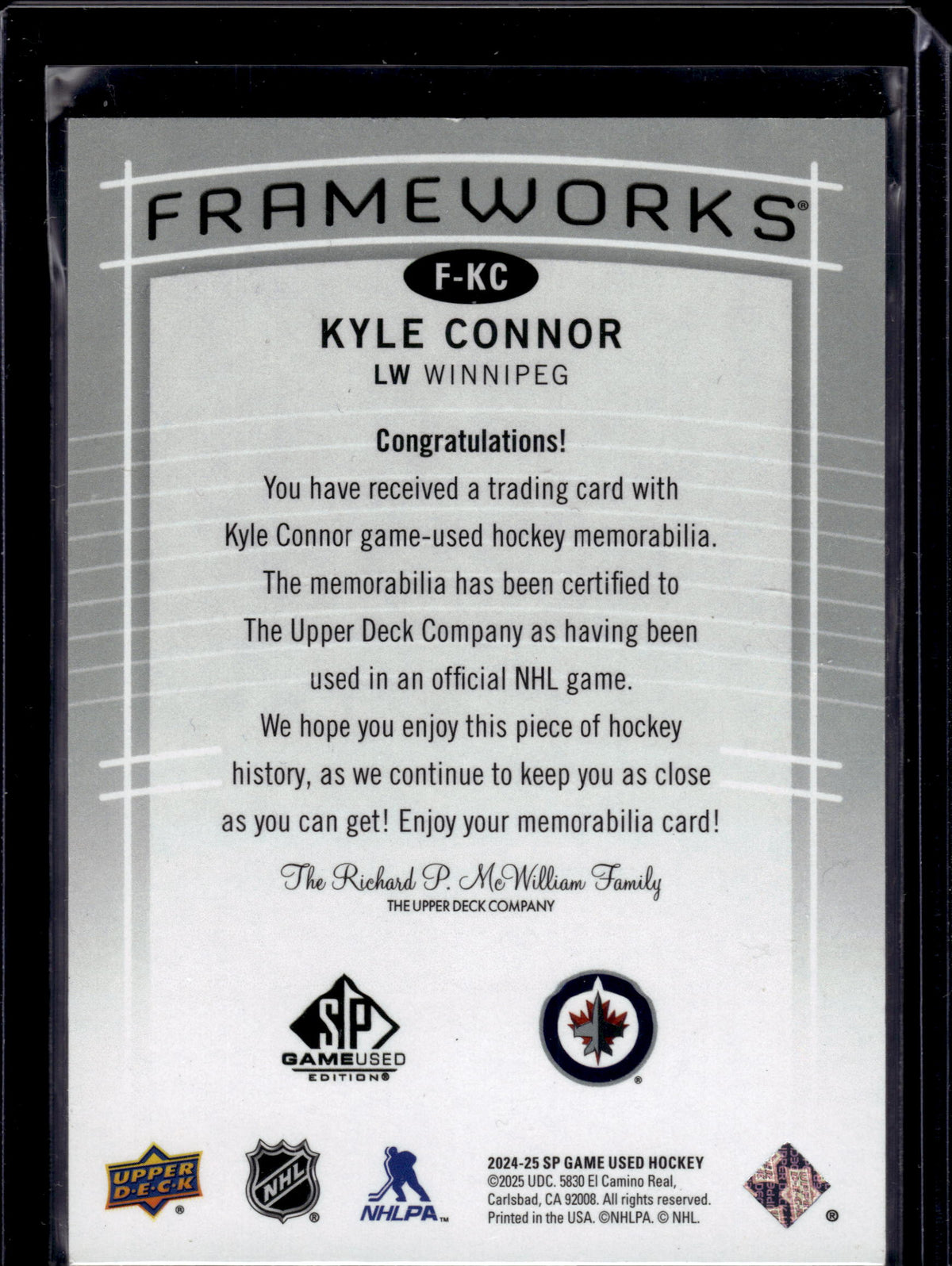 2025 Upper Deck SP Game Used Frameworks Kyle Connor #F-KC