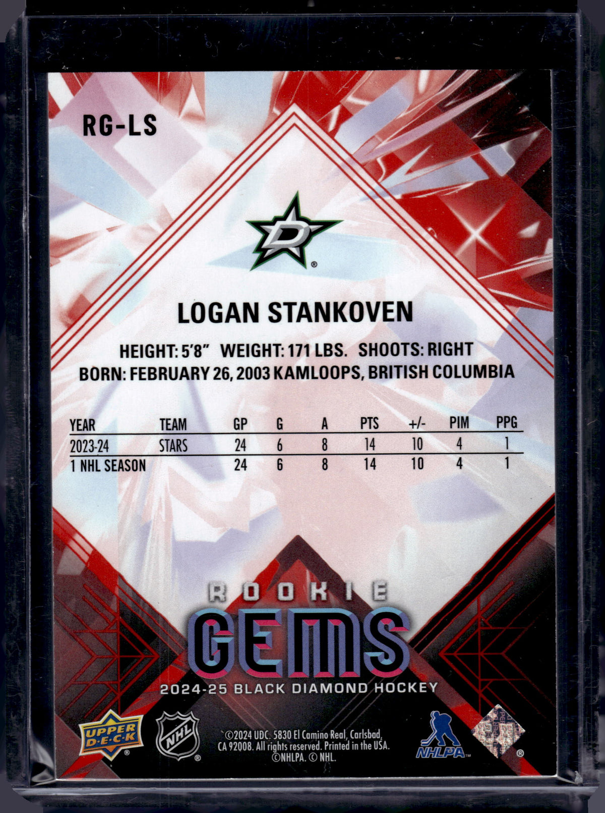 2024 Upper Deck Black Diamond Rookie Gems Logan Stankoven #RG-LS /100