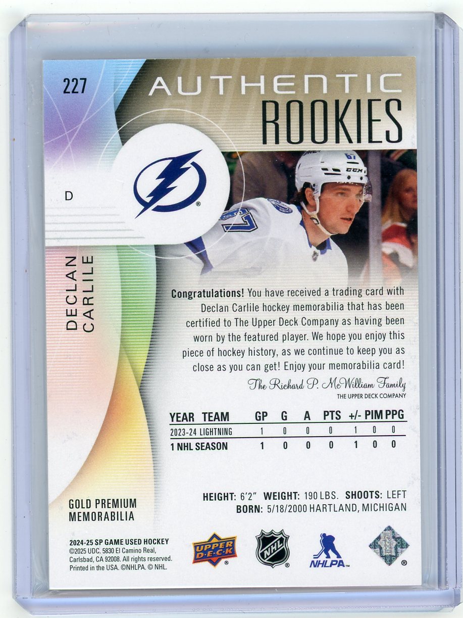 2025 UD SP Game Used Declan Carlile #227 Gold Premium /25 Patch