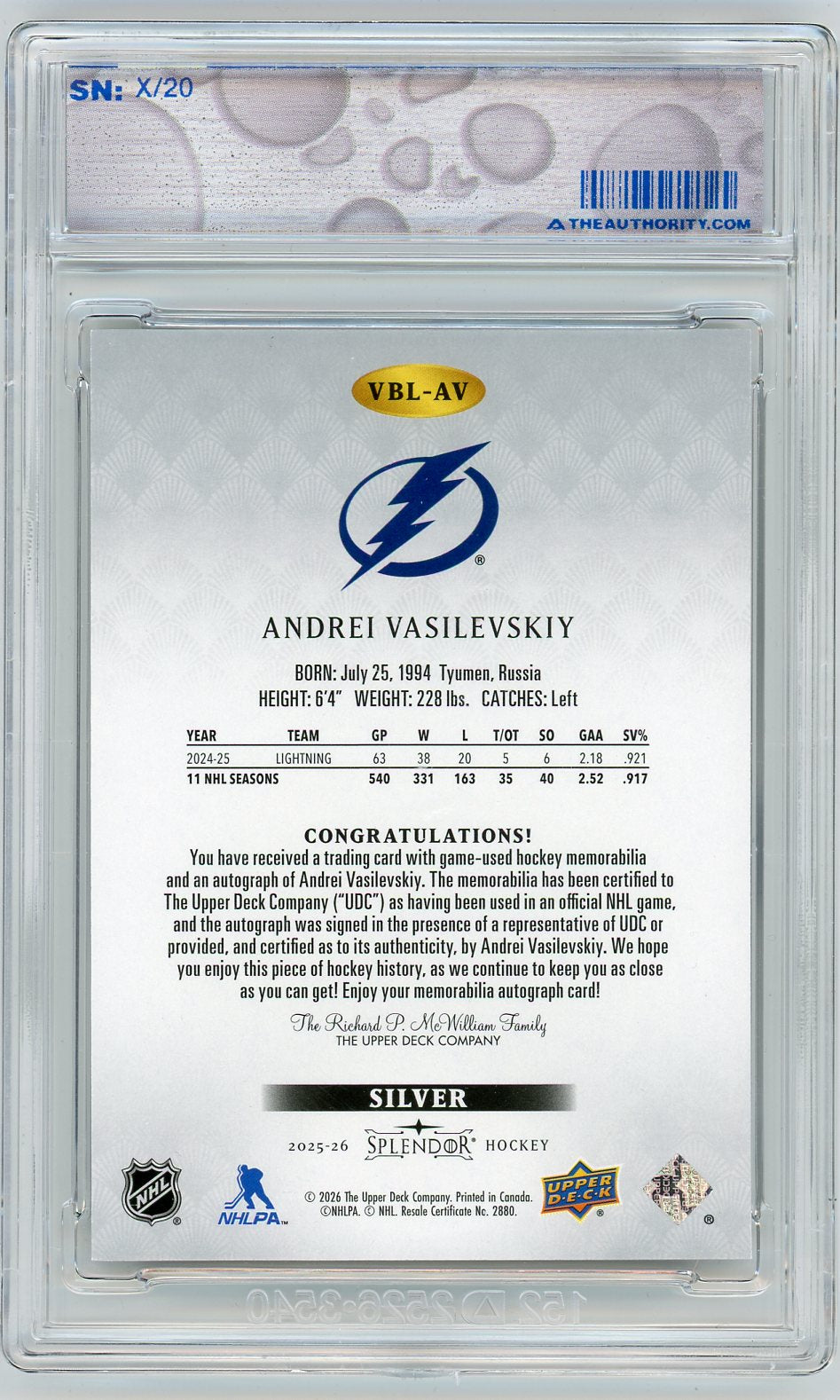 2025 Upper Deck Splendor Hockey Andrei Vasilevskiy #VBL-AV Silver /20