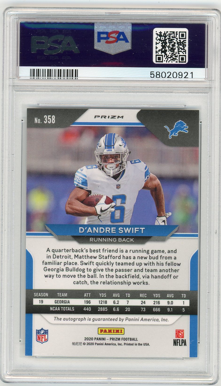 2020 Panini Prizm D'andre Swift #358 Auto No Huddle PSA 9