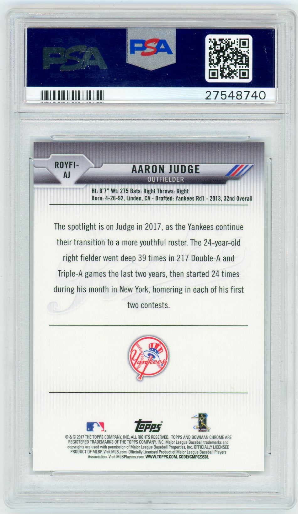 2017 Bowman Mega Chrome Rookie Of The Year Favorites Aaron Judge #AJ Roy PSA 10