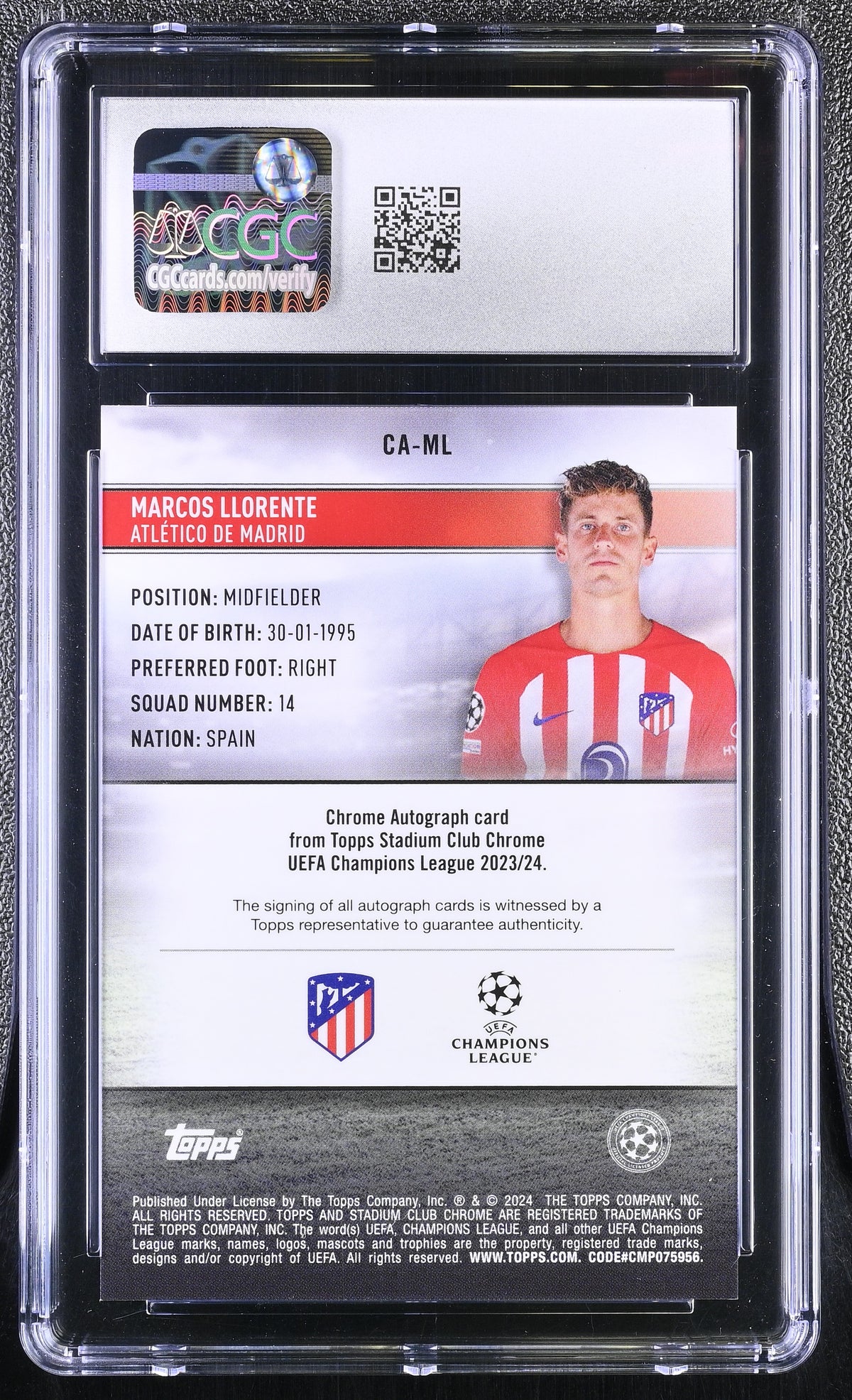 2023-24 Topps Stadium Club Chr Marcos Llorente #CA-ML Members /10 CGC 10