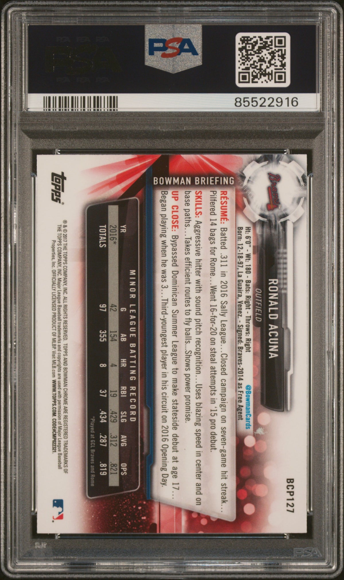 2017 Bowman Prospects Ronald Acuna #BCP127 Chrome PSA 10