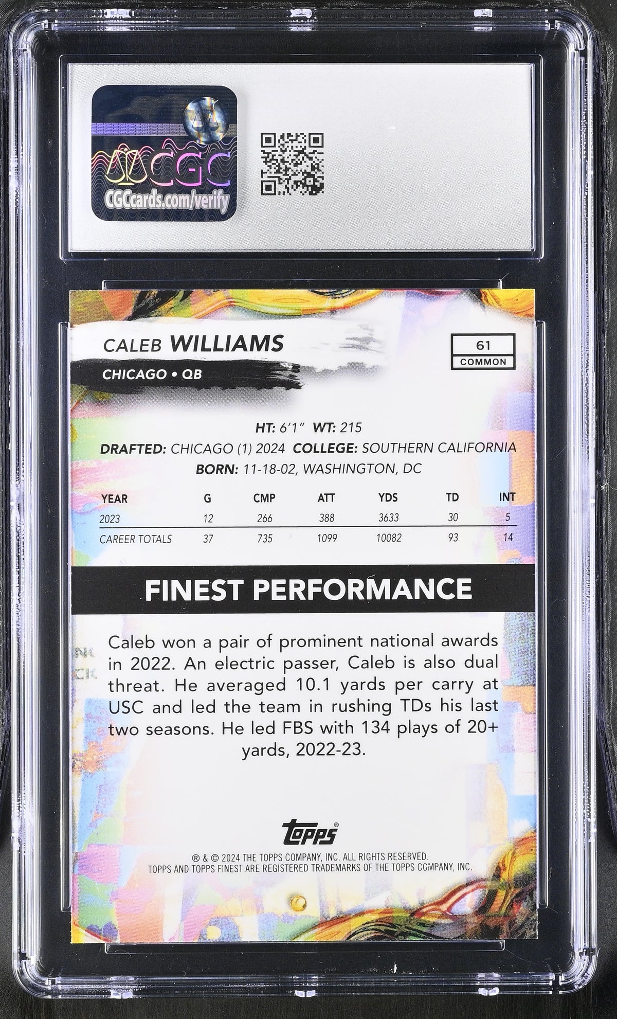 2024 Topps Finest Caleb Williams #61 Checkerboard Refractor CGC 9