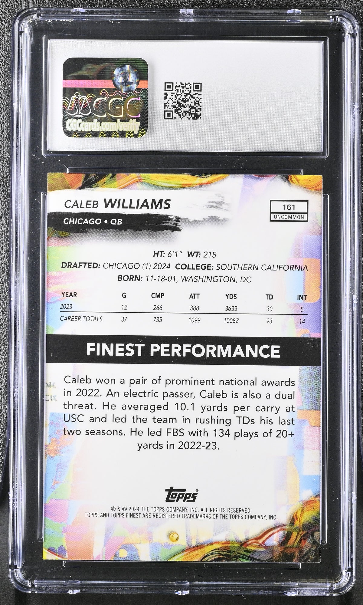 2024 Topps Finest Caleb Williams #161 Purple Refractor CGC 10