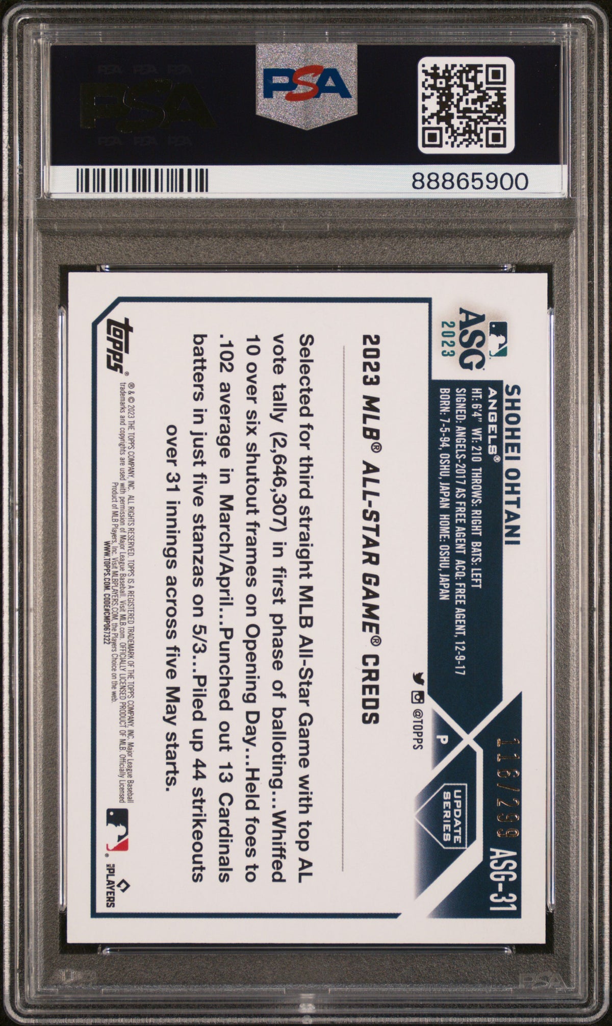 2023 Topps Update 2023 All-Star Game Shohei Ohtani #ASG31 Black /299 PSA 10