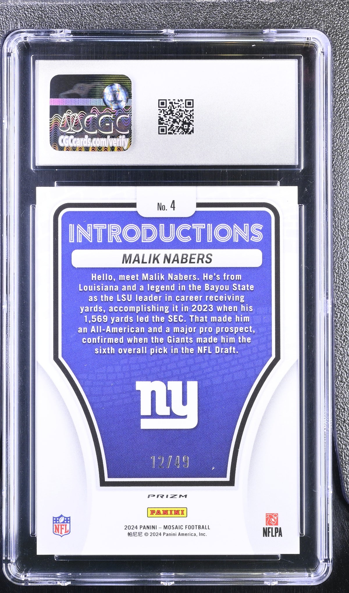 2024 Panini Mosaic Malik Nabers #4 Purple Introductions CGC 10