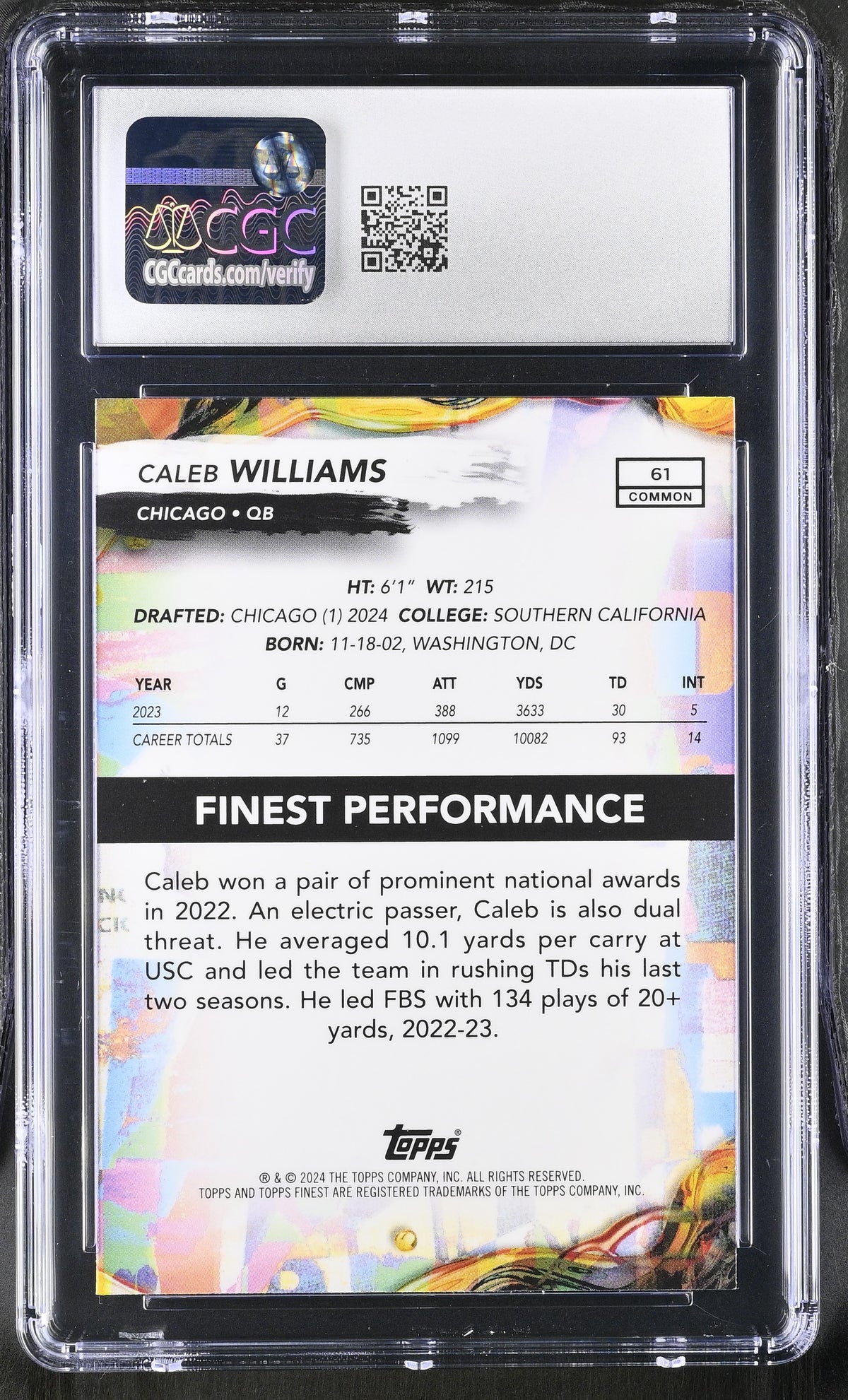 2024 Topps Finest Caleb Williams #61 Checkerboard Refractor CGC 9