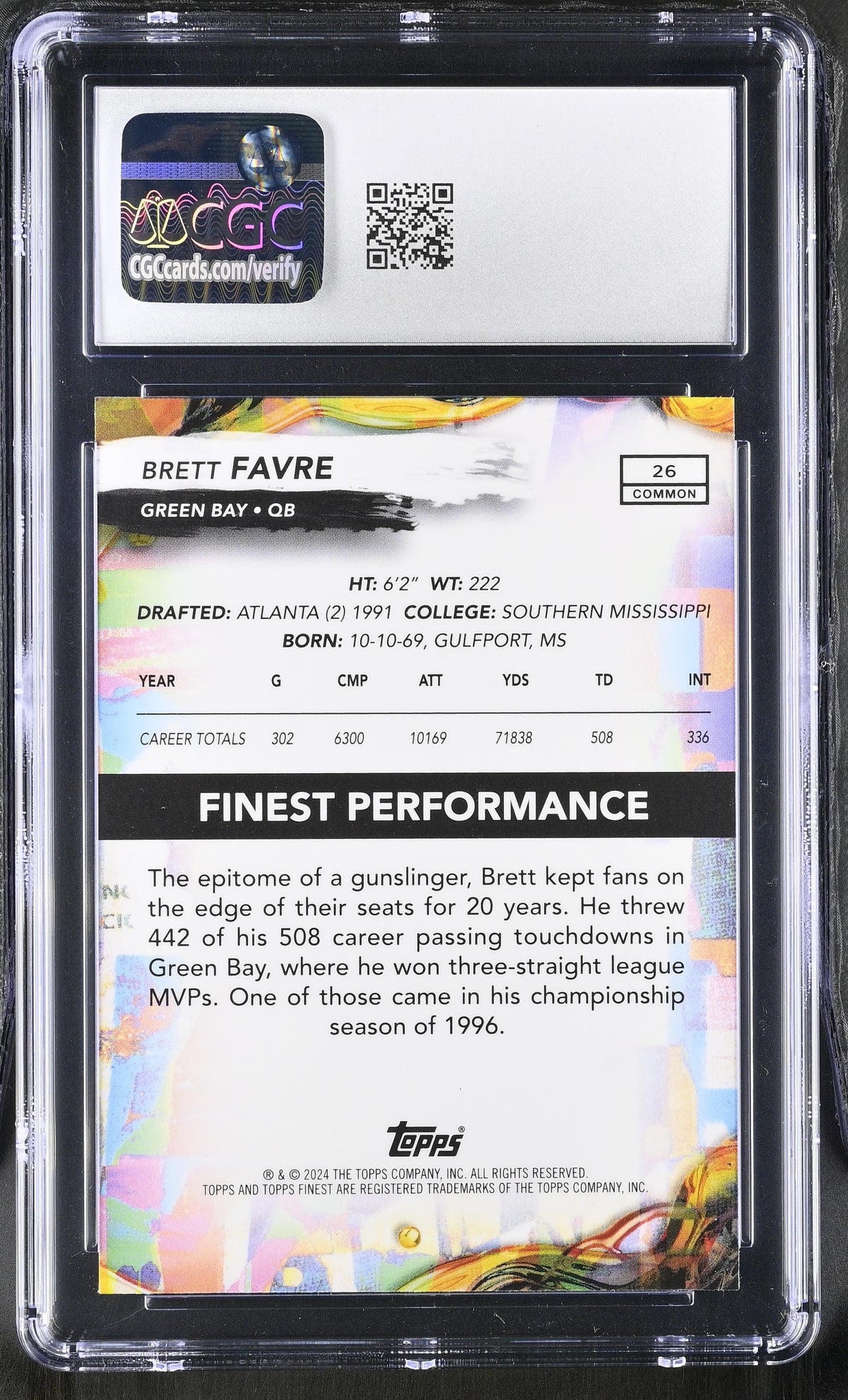 2024 Topps Finest Brett Favre #26 Green Refractor /75 CGC 10