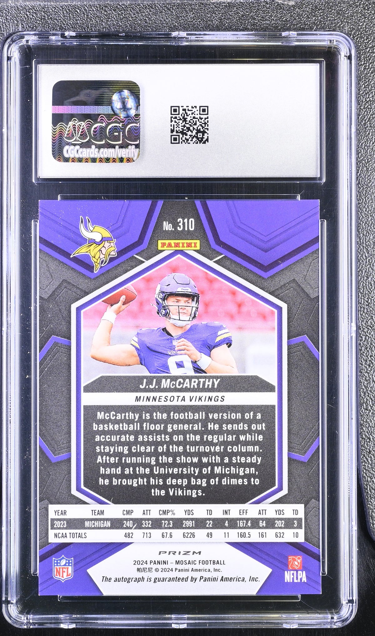 2024 Panini Mosaic J.J. McCarthy #310 White Rookie Autographs CGC 10 Auto 10