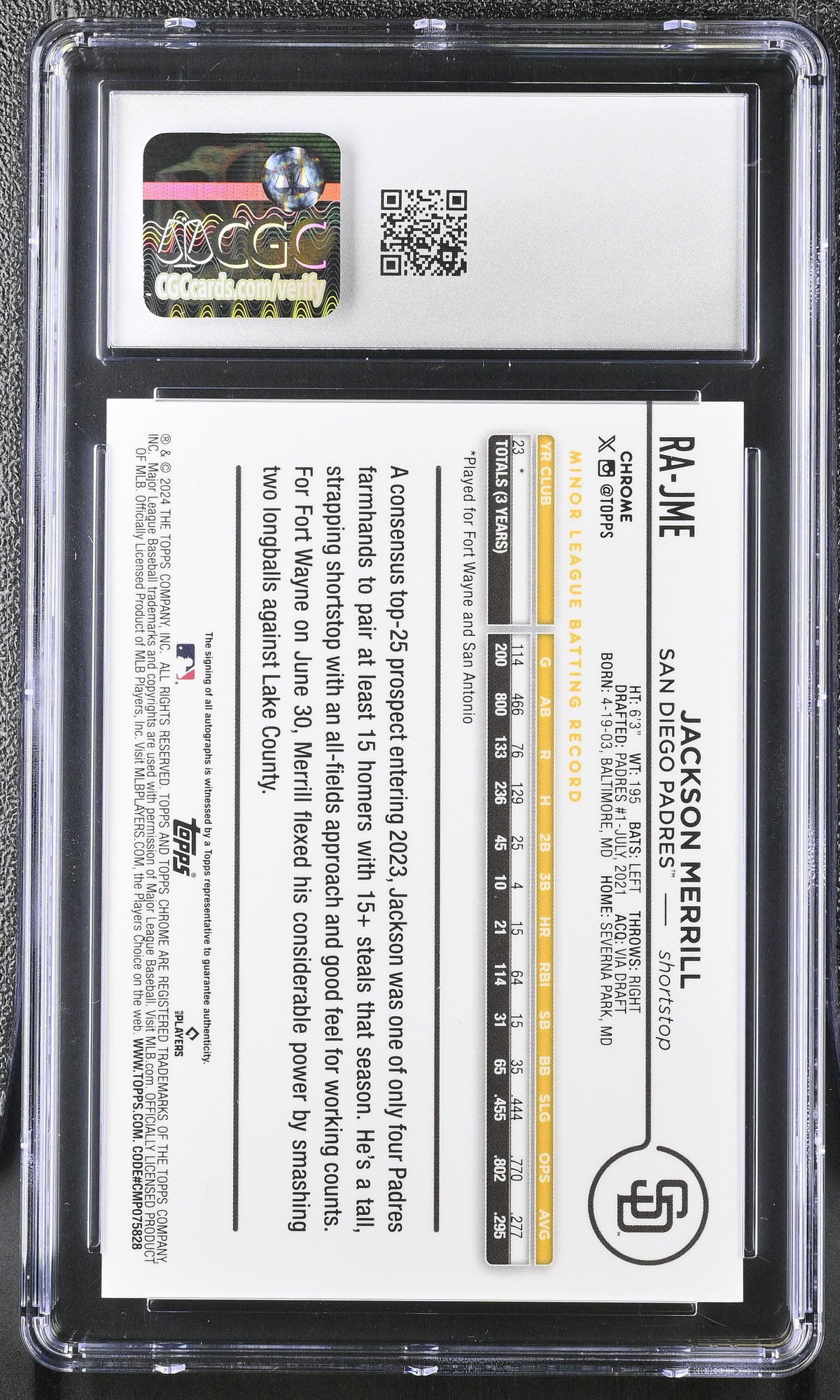 2024 Topps Chrome Jackson Merrill #RA-JME Purple Speckle Rookie Auto CGC 9