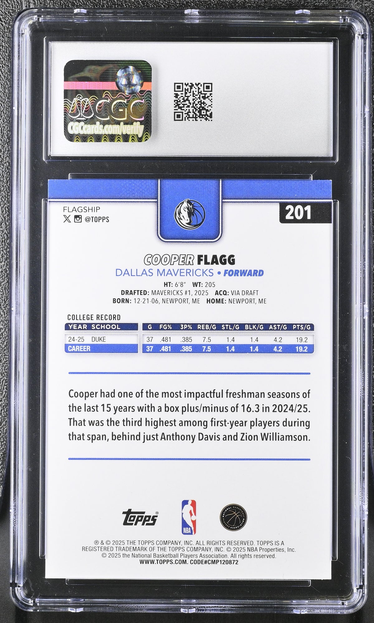 2025-26 Topps Cooper Flagg #201 CGC 9