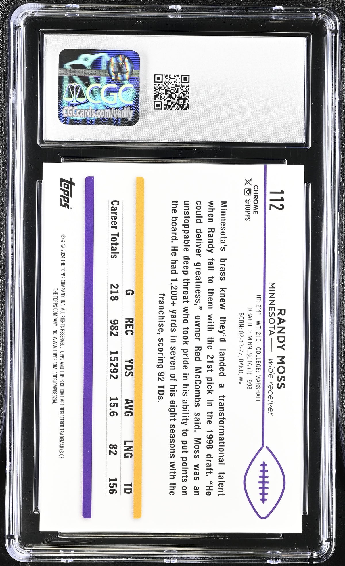 2024 Topps Chrome Sapphire Randy Moss #112 Red /5 CGC 9