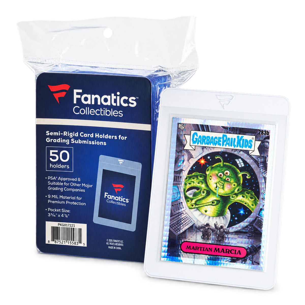 Fanatics Collectibles Semi-Rigid Card Holders 50 Count pack with a card in a holder