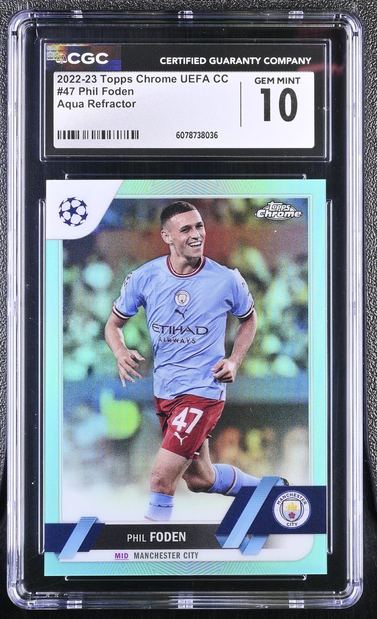 2022-23 Topps Chrome UEFA CC Phil Foden #47 Aqua Refractor CGC 10