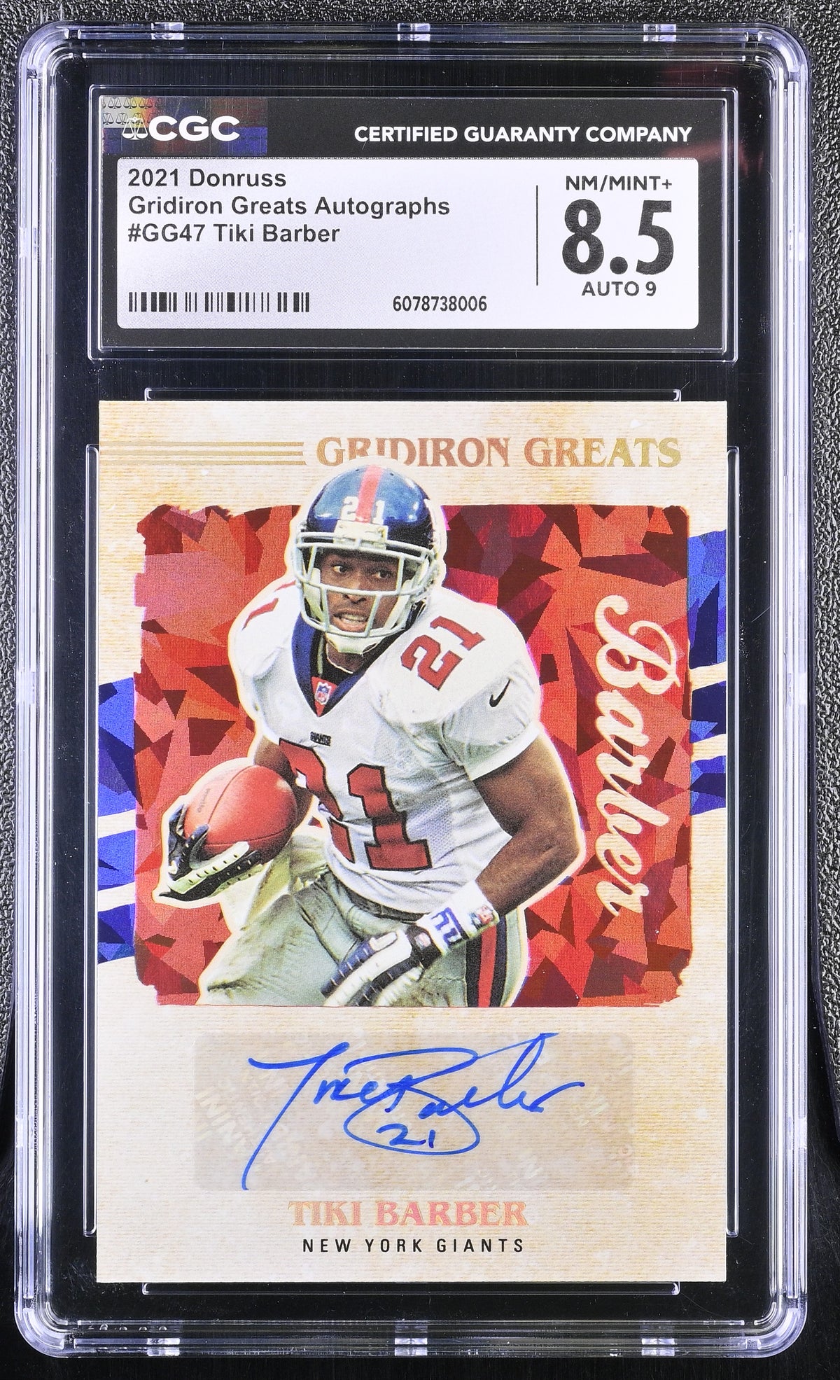 2021 Donruss Tiki Barber #GG47 Gridiron Greats Autographs CGC 8.5 Auto 9