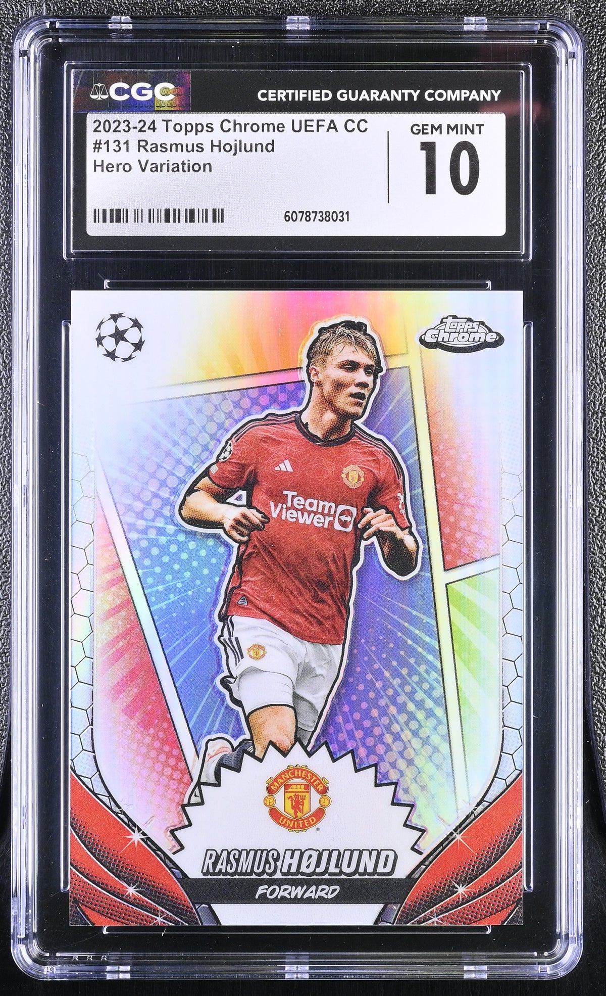 2023-24 Topps Chrome UEFA CC Rasmus Hojlund #131 Hero Variation CGC 10
