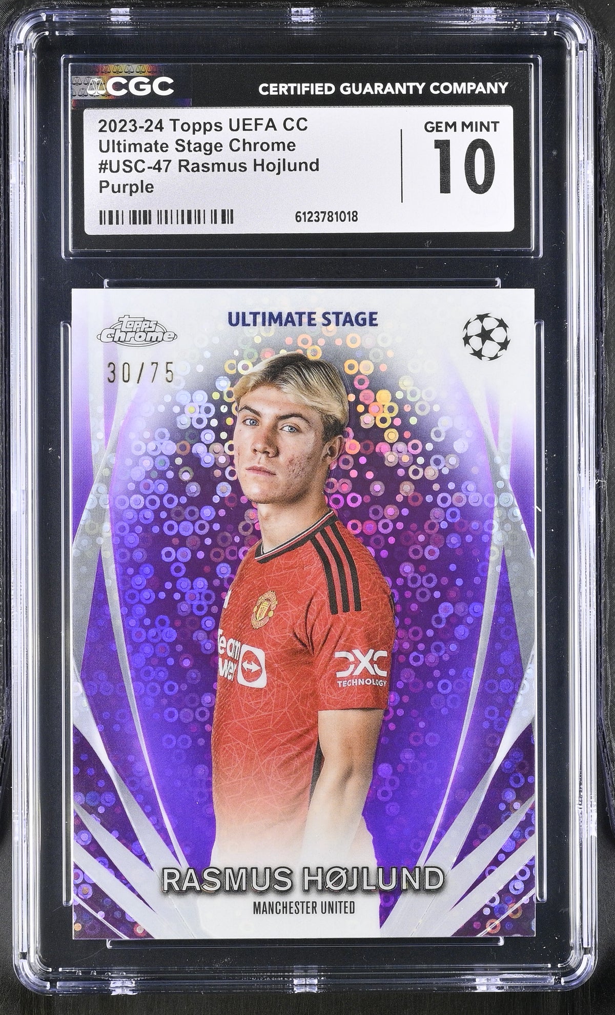 2023-24 Topps UEFA CC Rasmus Hojlund #USC-47 Purple /75 Ultimate Stage CGC 10