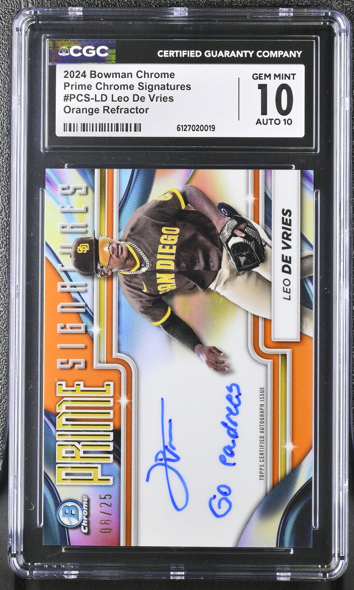 2024 Bowman Chrome Leo De Vries #PCS-LD Orange /25 Prime Chrome CGC 10 Auto 10