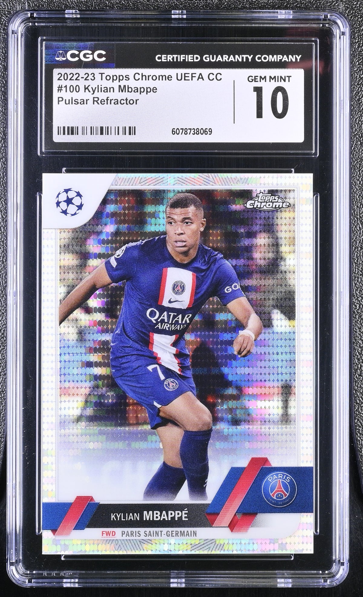 2022-23 Topps Chrome UEFA CC Kylian Mbappe #100 Pulsar Refractor CGC 10