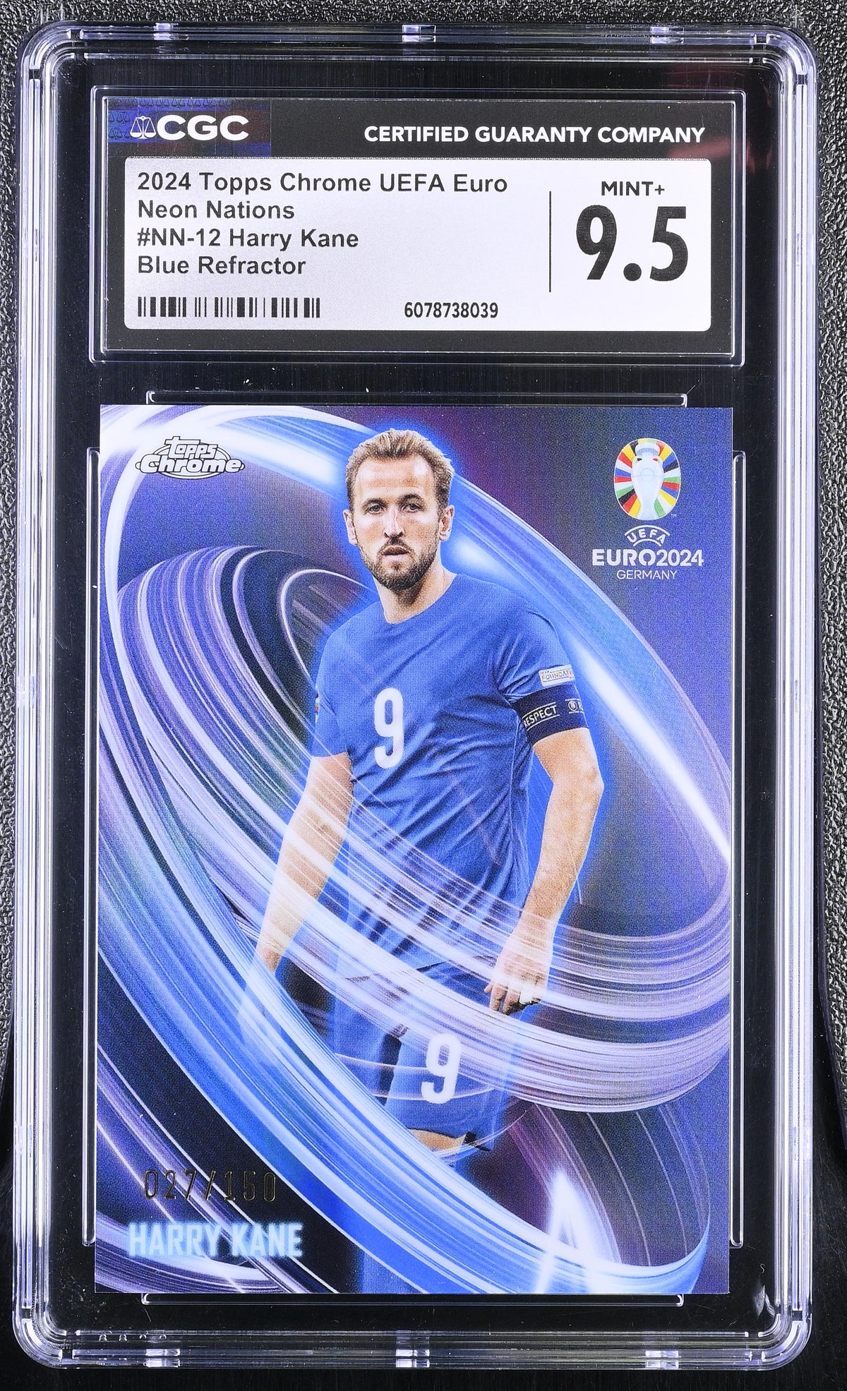 2024 Topps Chrome UEFA Euro Harry Kane #NN-12 Blue /150 Neon Nations CGC 9.5