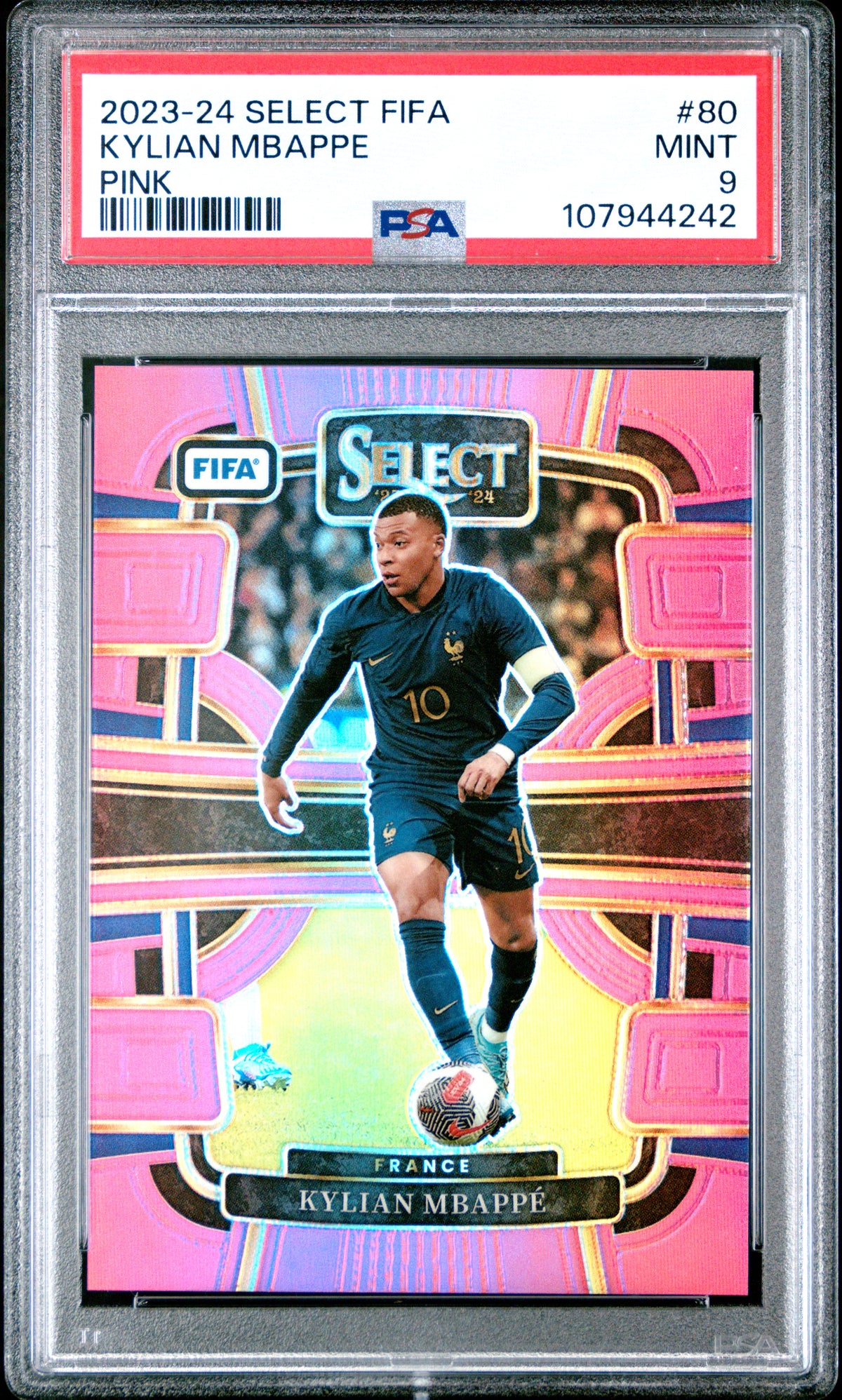 2023-24 Panini Select FIFA Kylian Mbappe #80 Pink PSA 9