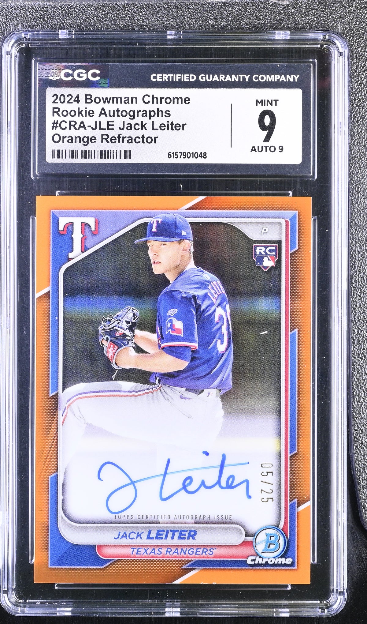 2024 Topps Bowman Chrome Jack Leiter #CRA-JLE Orange Refractor /25 CGC 9 Auto 9