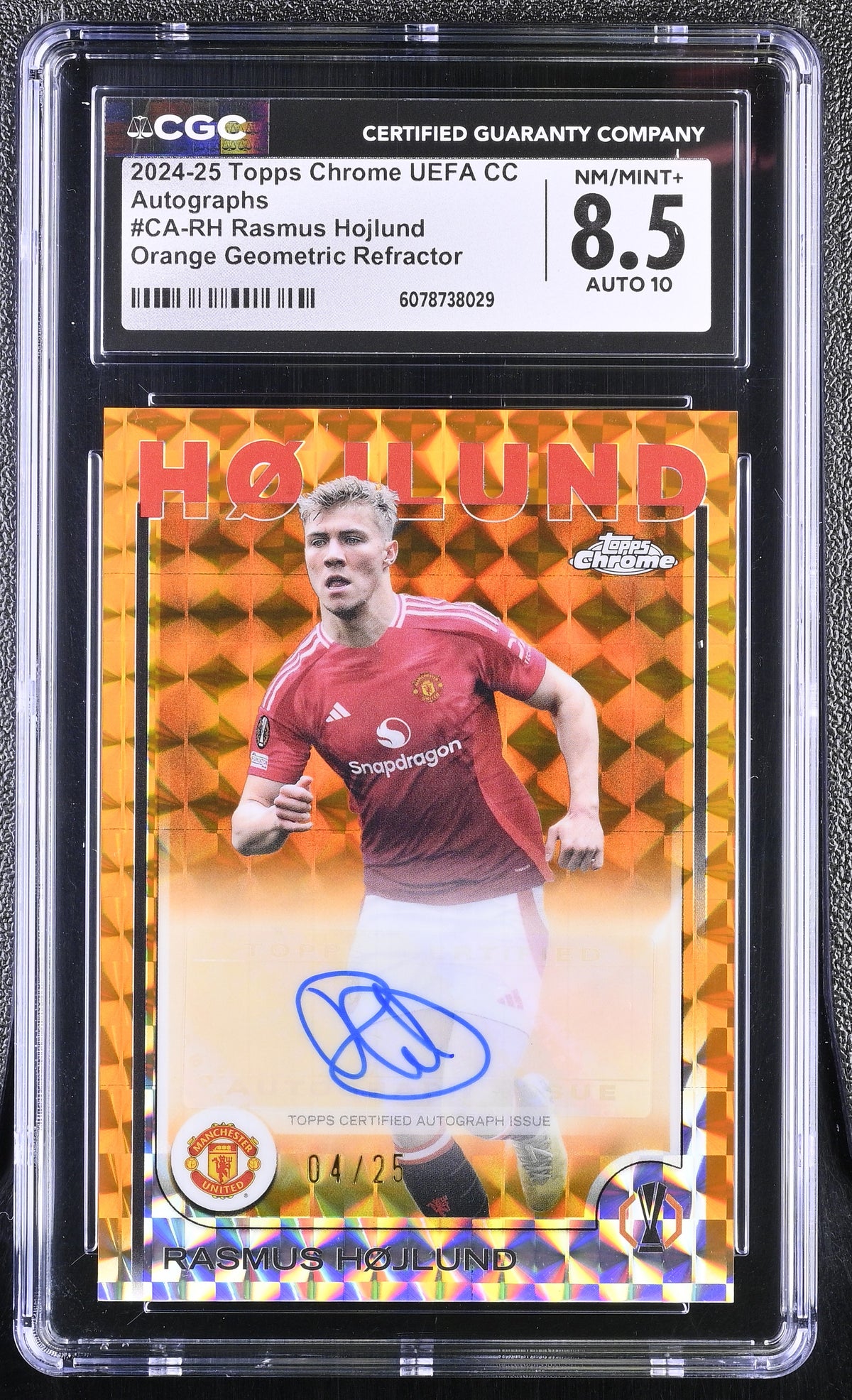 2024-25 Topps Chrome UEFA CC Rasmus Hojlund #CA-RH Orange /25 CGC 8.5 Auto 10