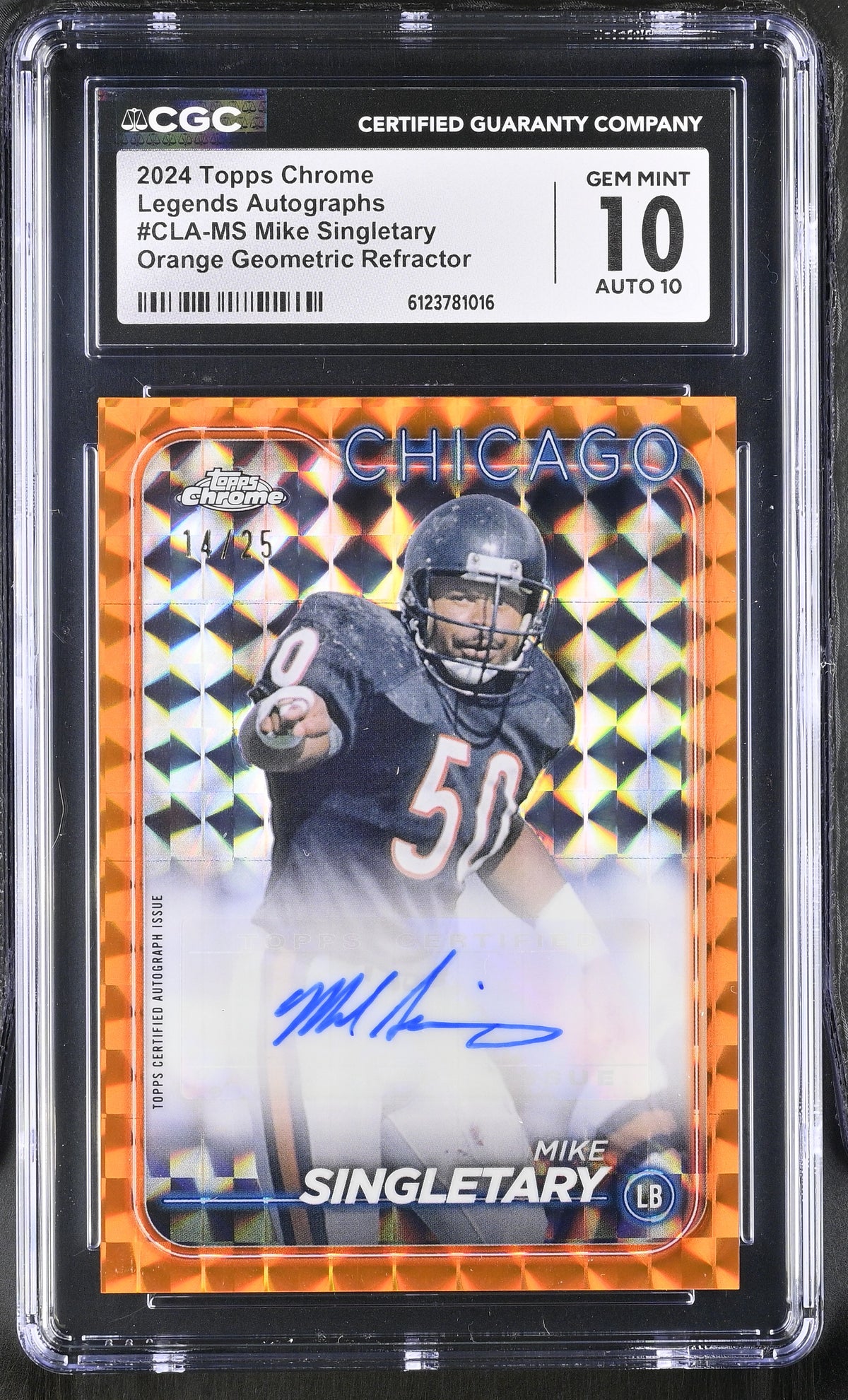 2024 Topps Chrome Mike Singletary #CLA-MS Orange Geometric /25 CGC 10 Auto 10