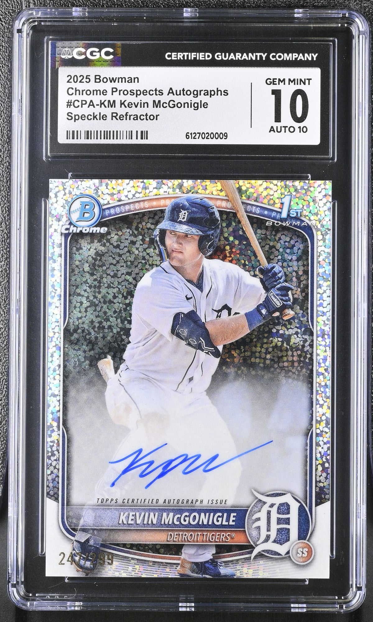2025 Bowman Kevin McGonigle #CPA-KM Speckle /299 Chrome Prospects CGC 10 Auto 10