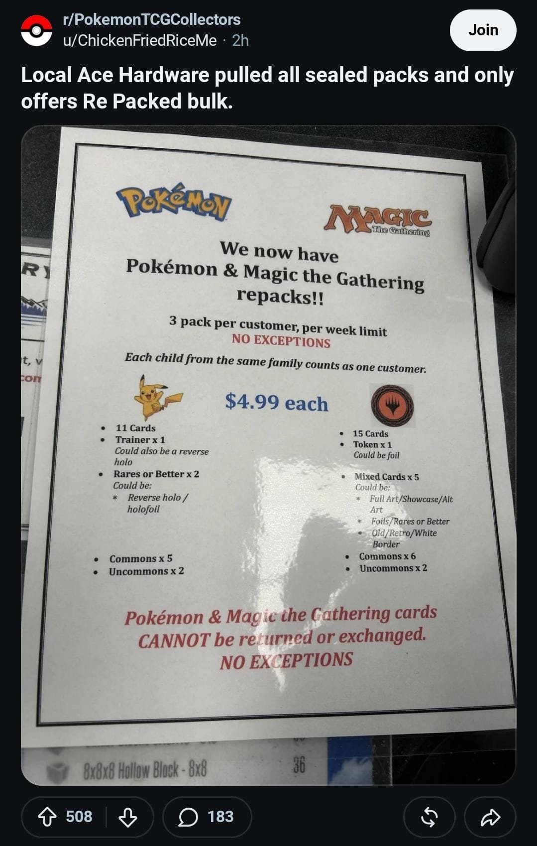 Sign at an Ace Hardware store advertising $4.99 Pokémon and Magic repacks (via r/PokemonTCGCollectors)