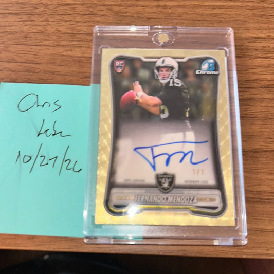 Fernando Mendoza 1/1 Bowman Chrome Superfractor autograph (photo: Chris Leben via Topps)