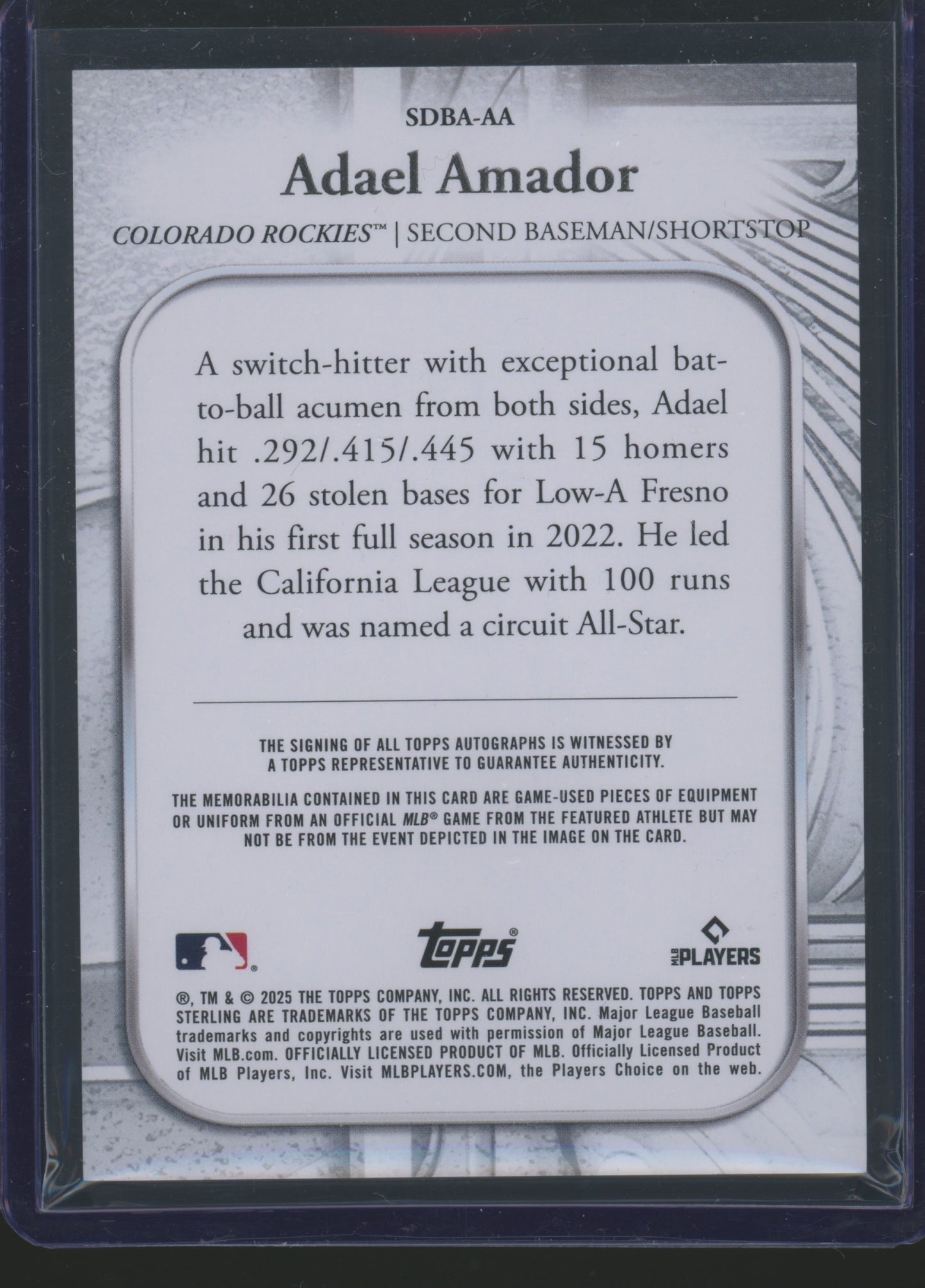 2025 Topps Sterling Adael Amador #SDBA-AA 04/25 RC Game-Used Memorabilia