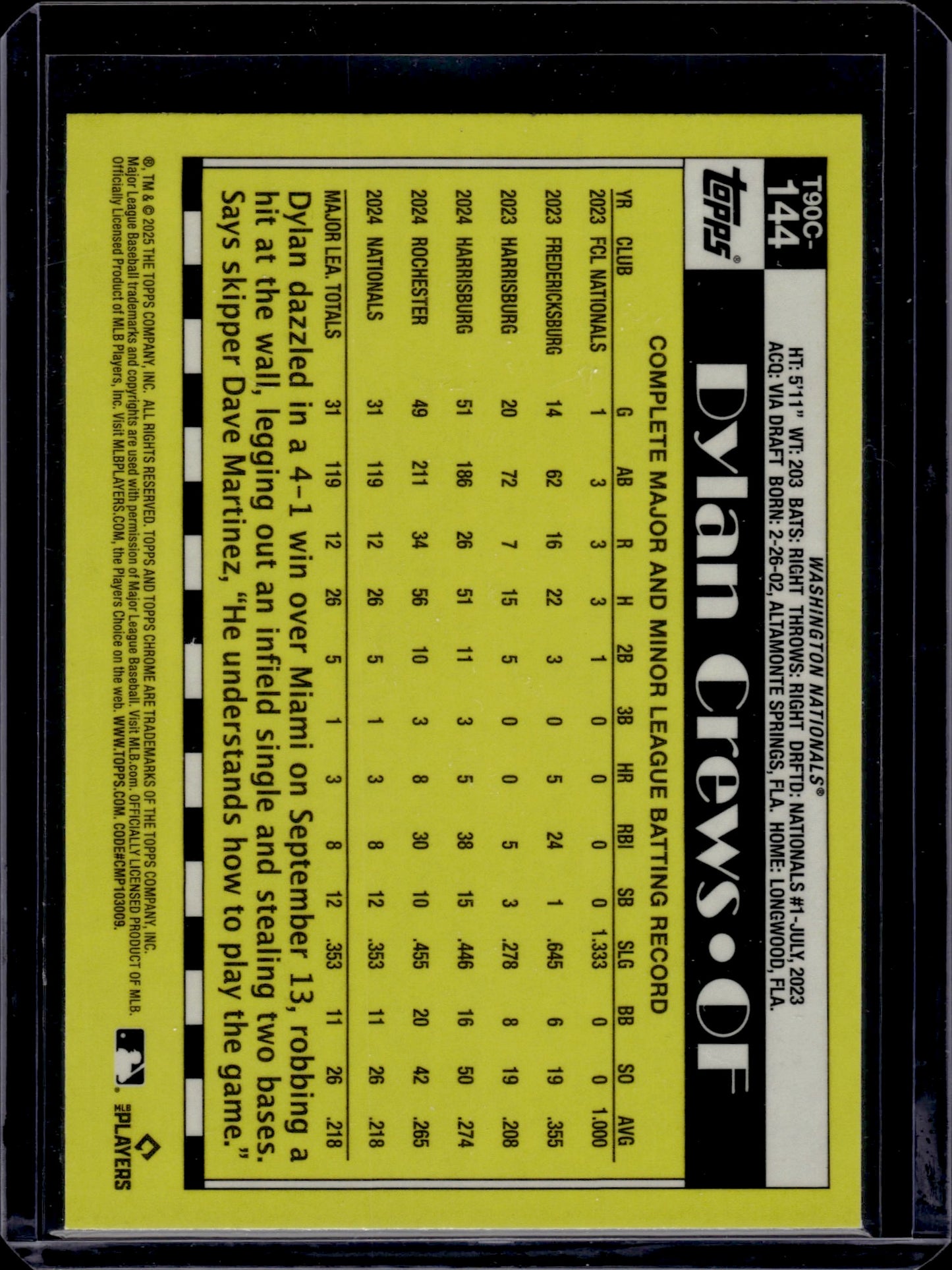 2024 Topps Chrome 1989 Topps Dylan Crews #T89C-144 Mojo Refractor 007/150 RC