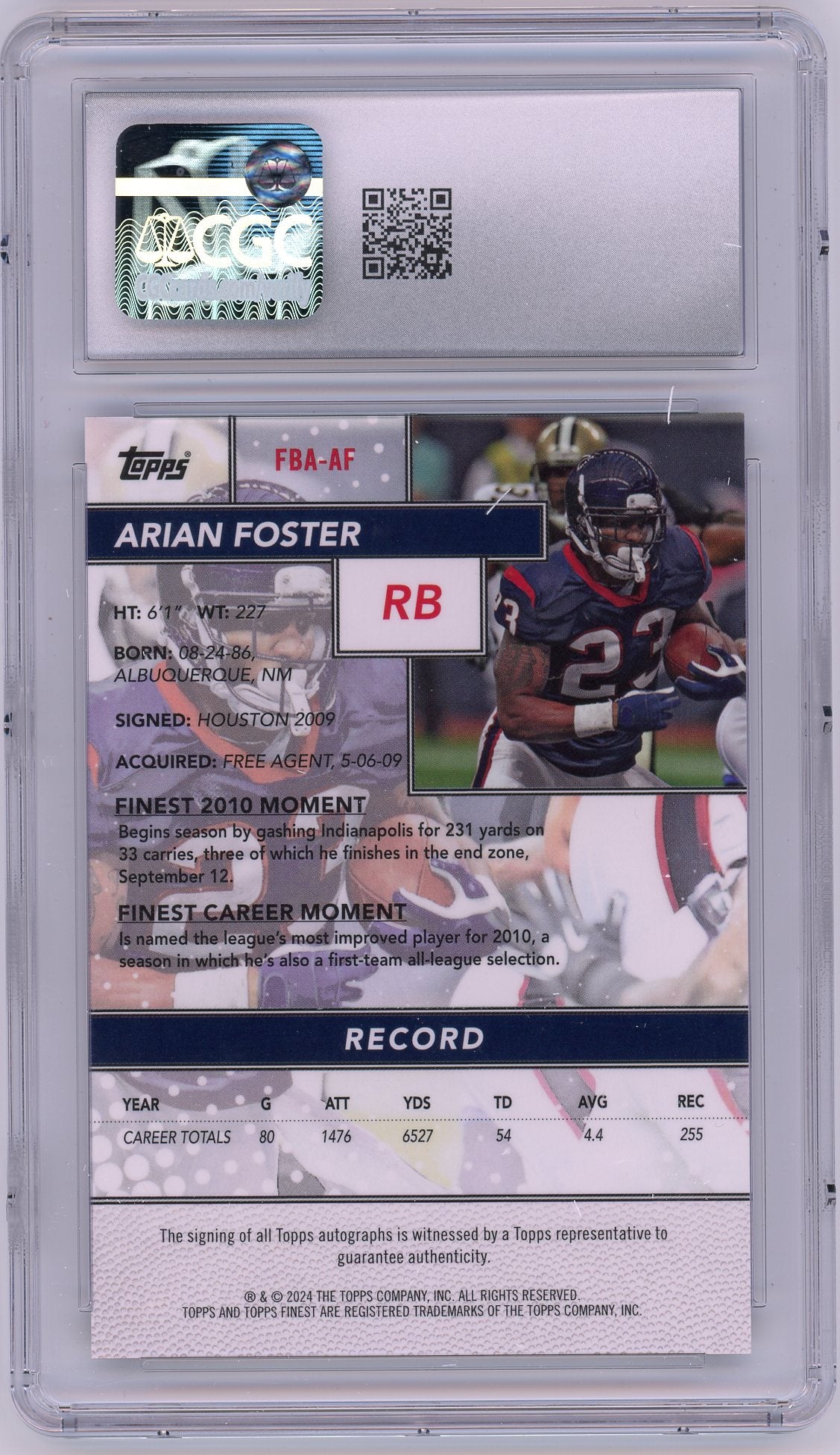 2024 HL-P04 Topps Finest Arian Foster #FBA-AF Black Refractor /25 CGC 9 Auto 10
