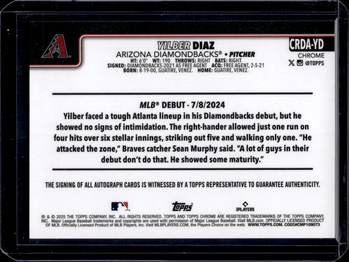 2025 HL-P10 Topps Chrome Yilber Diaz #CRDA-YD Mini Diamond Refractor RC