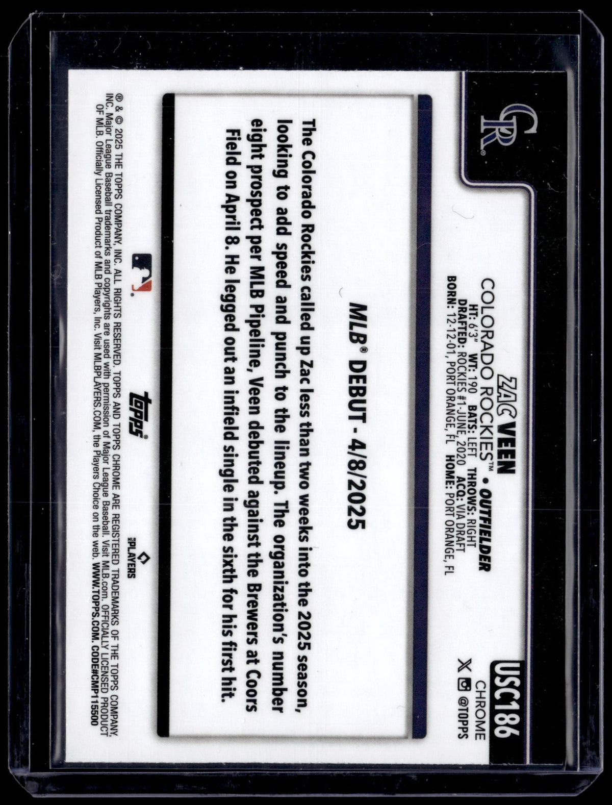 HL-P01 2025 Topps Chrome Zac Veen #USC186 Green Wave /99 RC